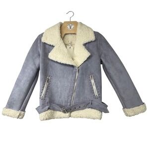 Endless Rose Faux‎ Shearling Studded Moto Jacket Gray Cream SZ S NWT